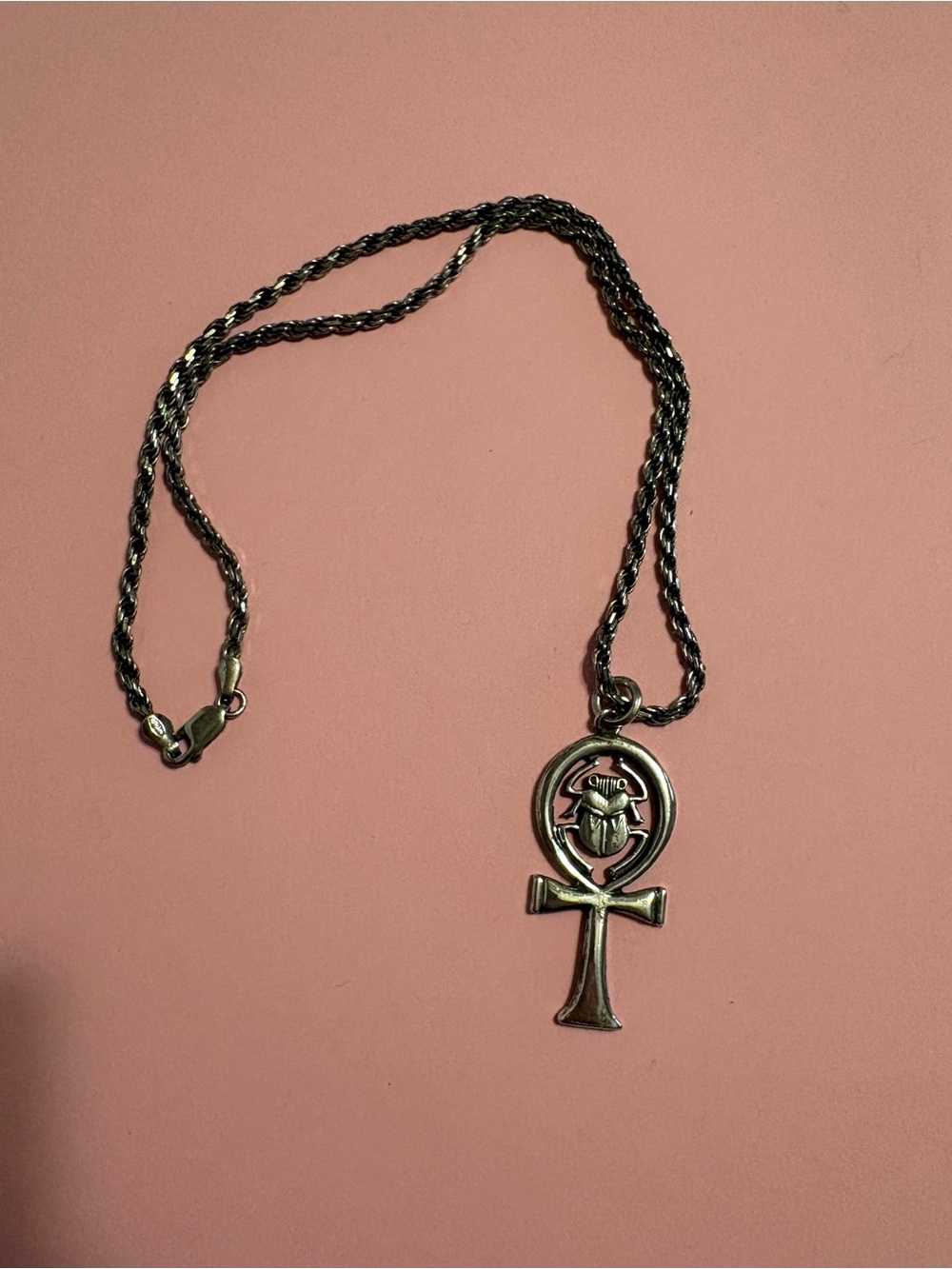 Vintage 925 Silver Genuine Traditional Egyptian Ankh Scarab Pendant Necklace